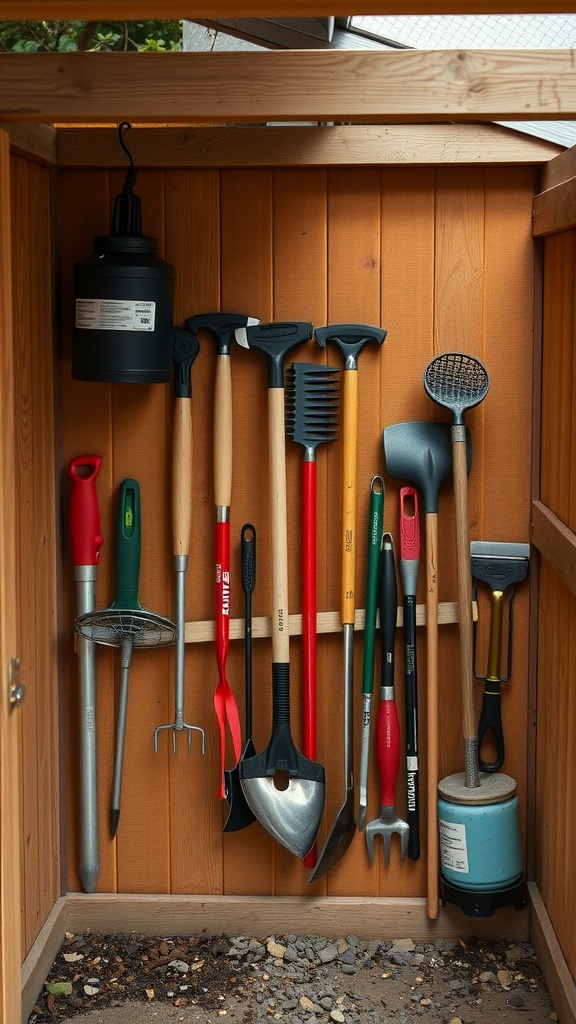 An organized wall-mounted tool rack displaying various gardening tools