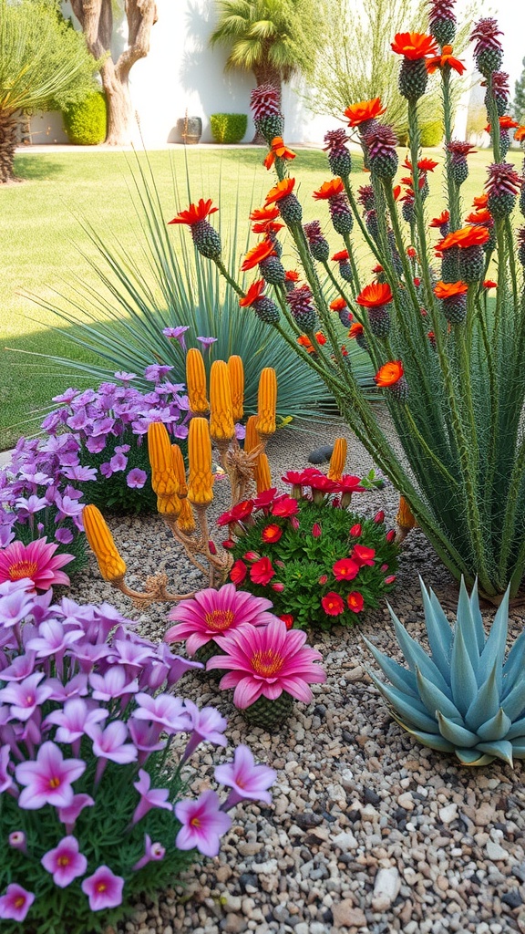 Colorful water-saving perennial garden with various flowers and succulents.