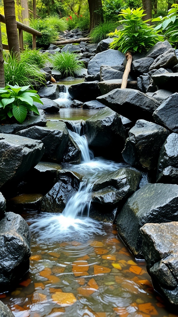A serene water feature with a stream flowing over black rocks surrounded by greenery.