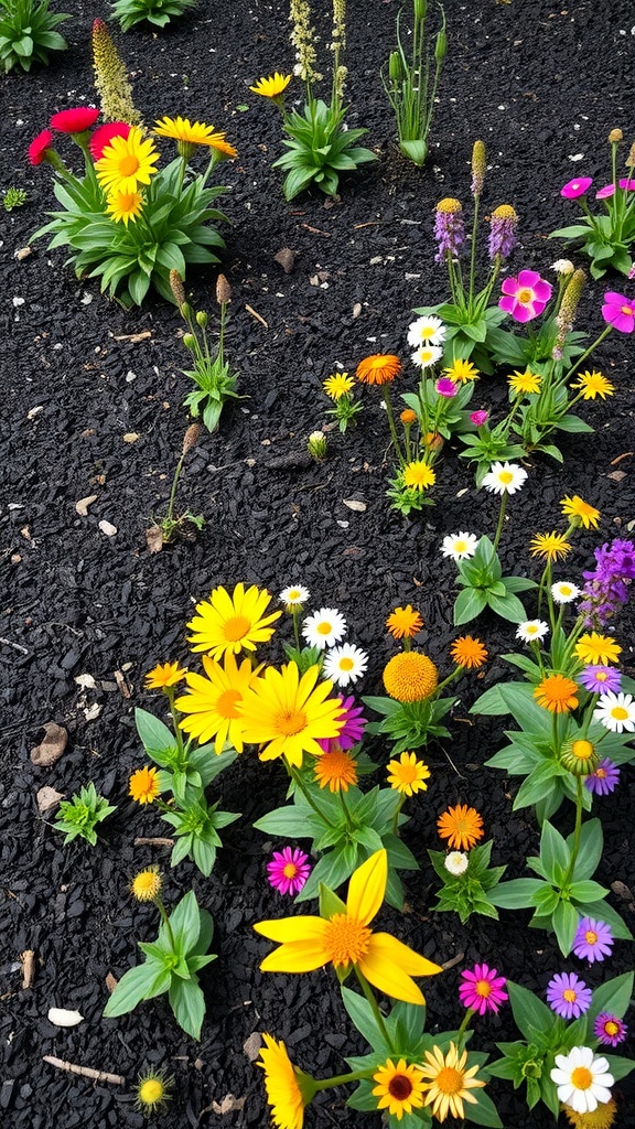 A vibrant wildflower garden featuring yellow, pink, and white flowers set against black mulch.