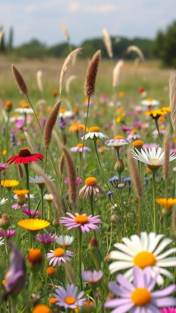 A colorful wildflower meadow filled with daisies, coneflowers, and various other wildflowers.