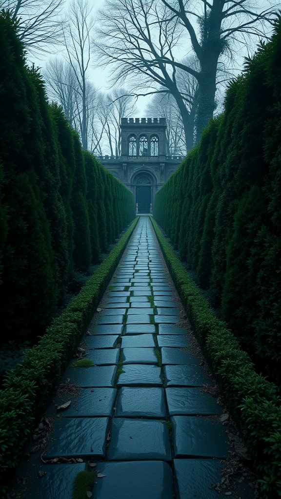 A winding garden labyrinth with tall hedges and a stone path leading to an ornate entrance.