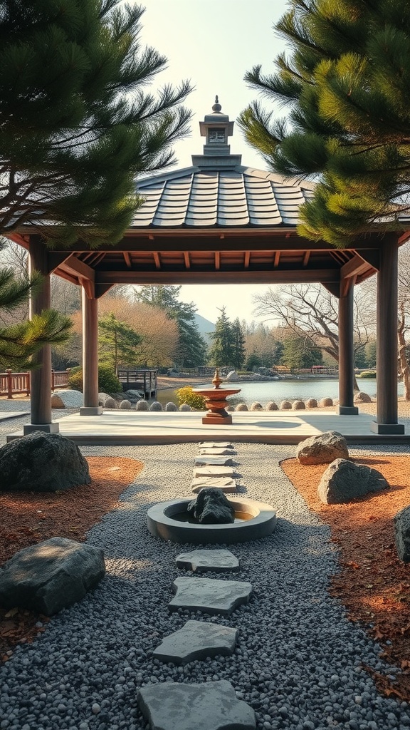 A serene Zen garden gazebo surrounded by greenery and a stone pathway.