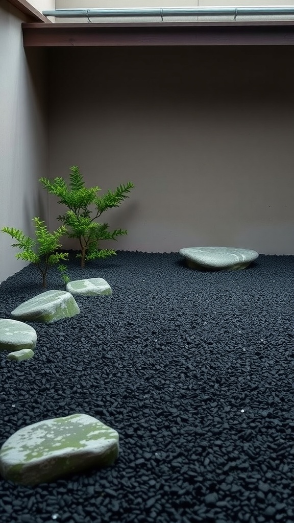 Zen garden featuring black gravel with smooth stones and green plants