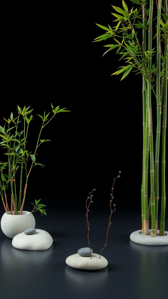 A serene arrangement of bamboo stalks and smooth rocks in a minimalist setting.
