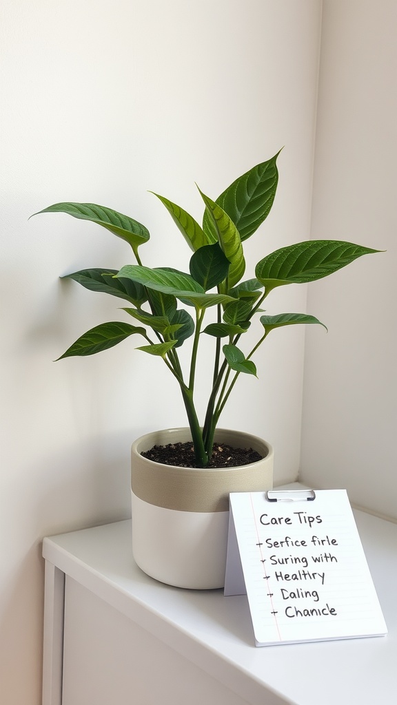 A healthy ZZ plant in a pot with care tips written on a note beside it.