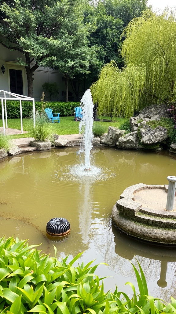A tranquil pond with a fountain surrounded by greenery and stones.