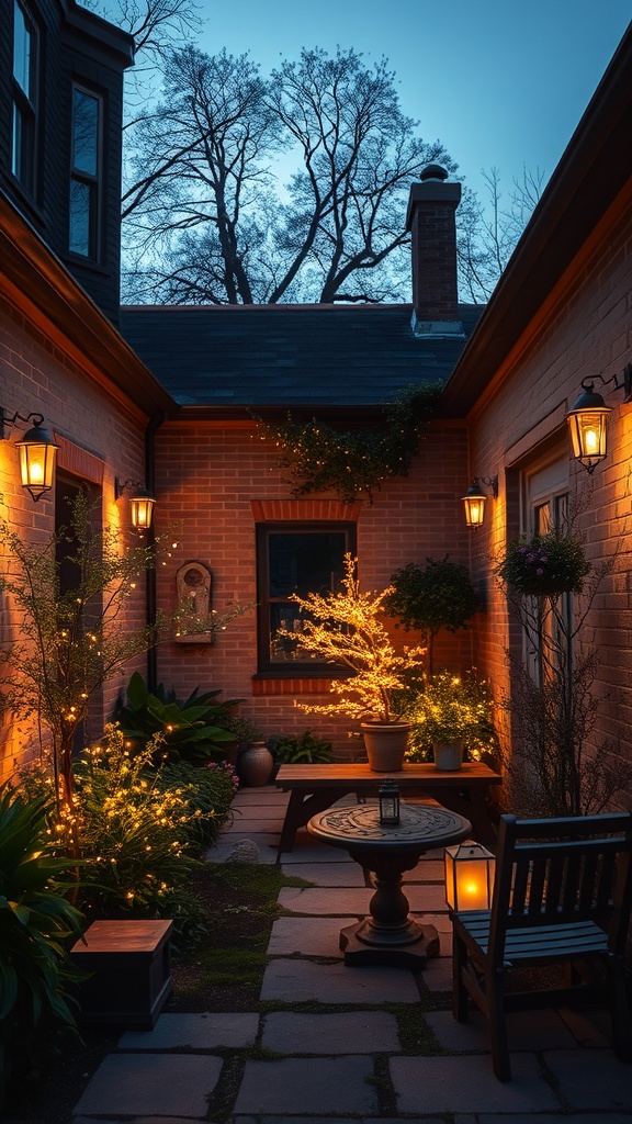 A small courtyard garden illuminated with warm lights, featuring plants, a table, and lanterns.