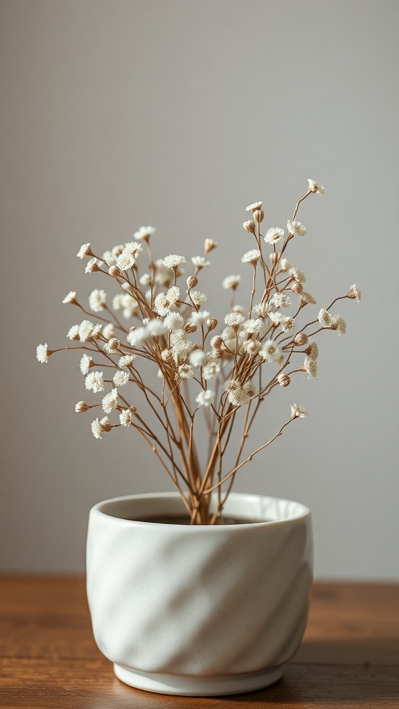 A pot of dried Baby's Breath flowers on a wooden surface.