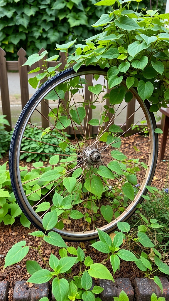 Bicycle wheel trellis surrounded by climbing plants in a garden