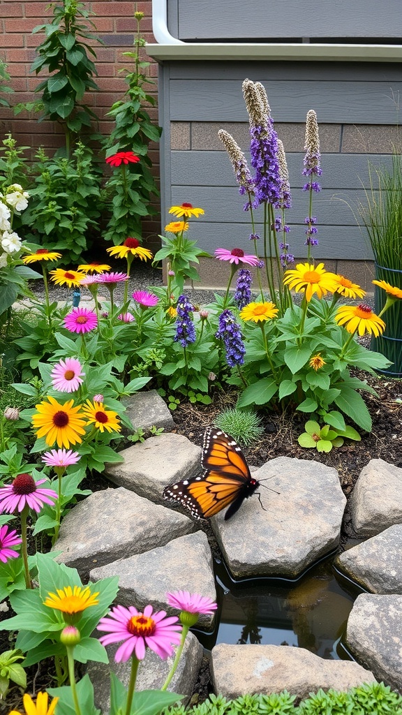 A vibrant garden filled with colorful flowers and a butterfly near a small pond.