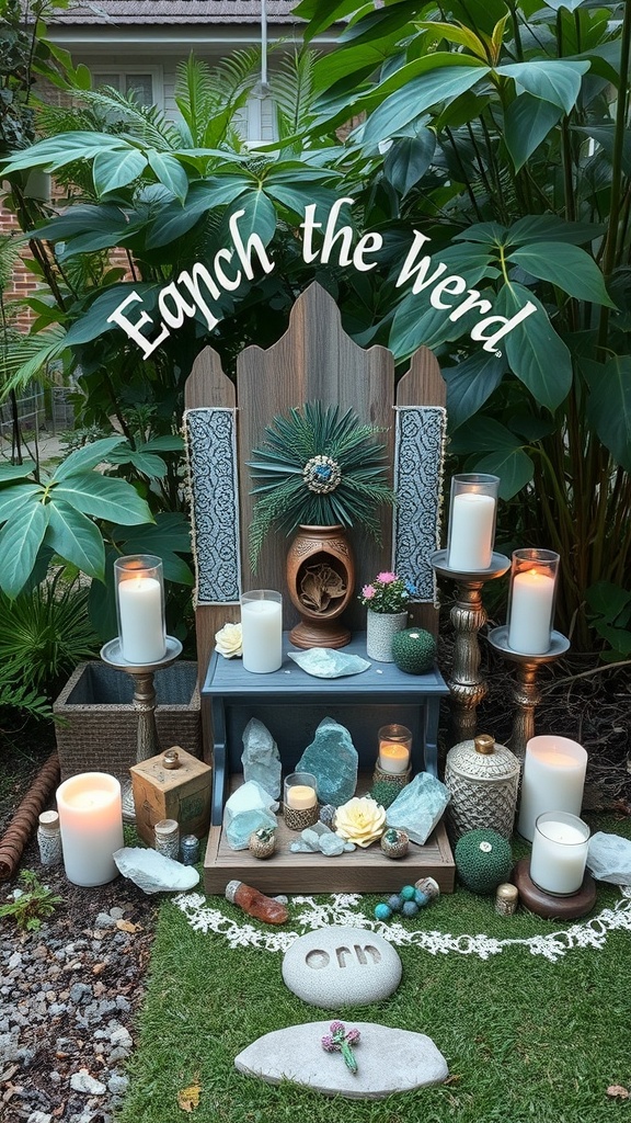 A candlelit garden altar with candles, stones, and greenery, featuring the phrase 'Eanch the Werd' above.
