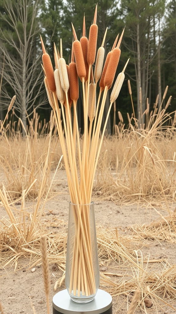 A vase filled with dried cattails, showcasing their unique texture against a natural background.