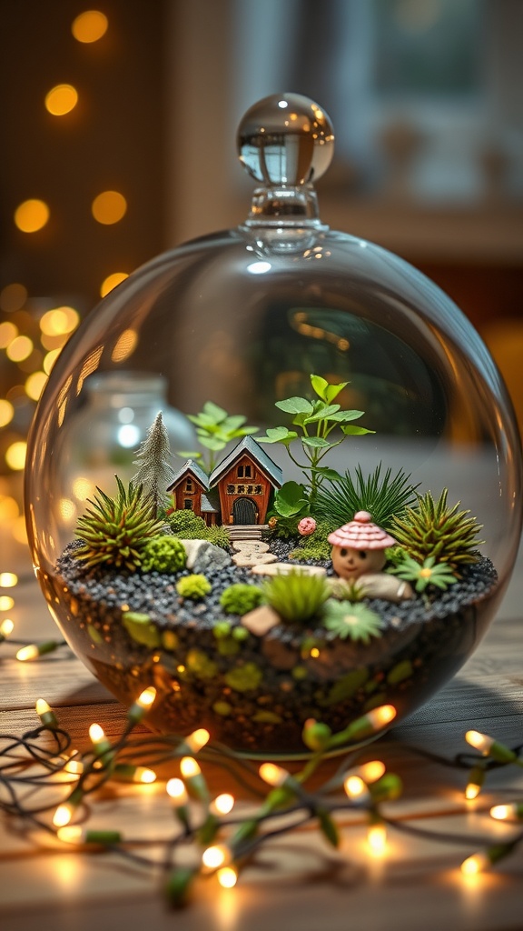 A glass dome containing a miniature fairy garden with a small house, plants, and decorative elements, surrounded by soft fairy lights.