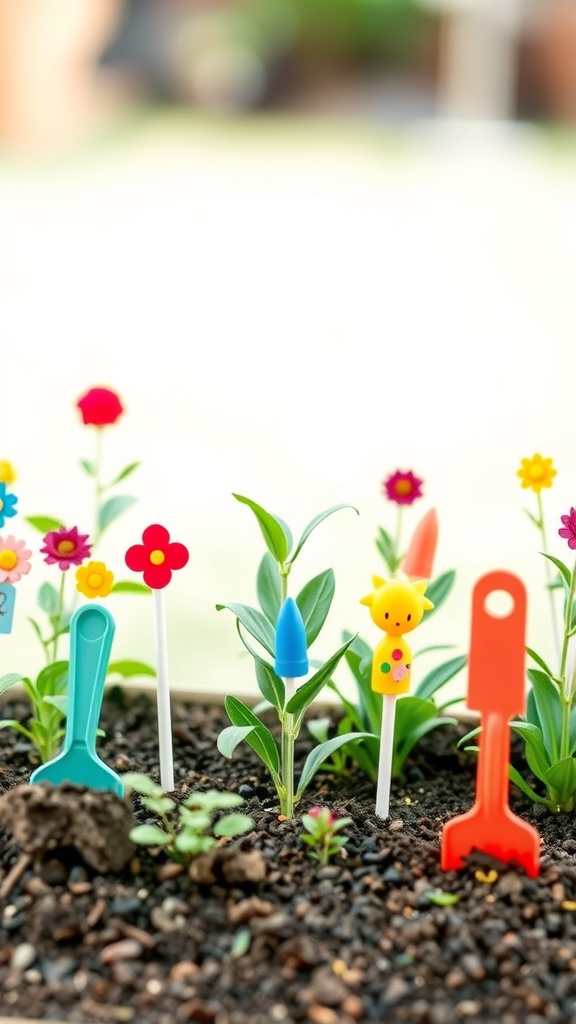 A colorful children's garden with flowers and playful gardening tools.