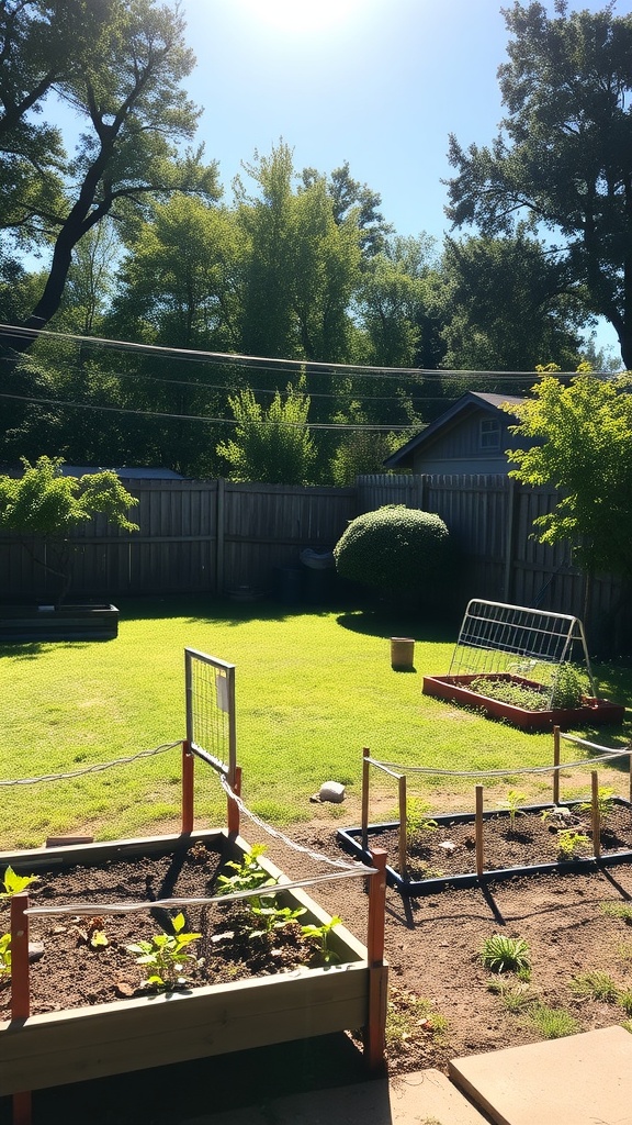 A sunny backyard with raised garden beds and a well-maintained lawn.