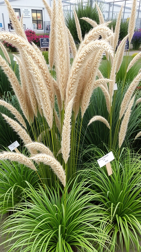 A display of ornamental grasses, featuring tall pampas grass with feathery plumes and lush green foliage.
