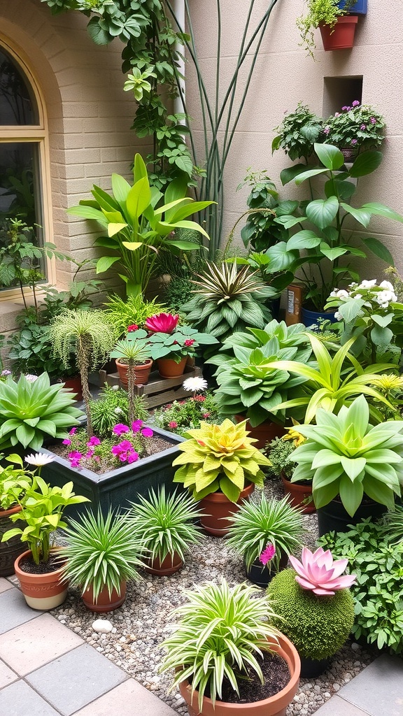 A small courtyard garden filled with various plants in pots, showcasing a vibrant and lush arrangement.
