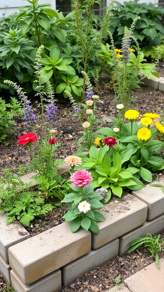 Colorful flowers growing in a garden bordered by cinder blocks.