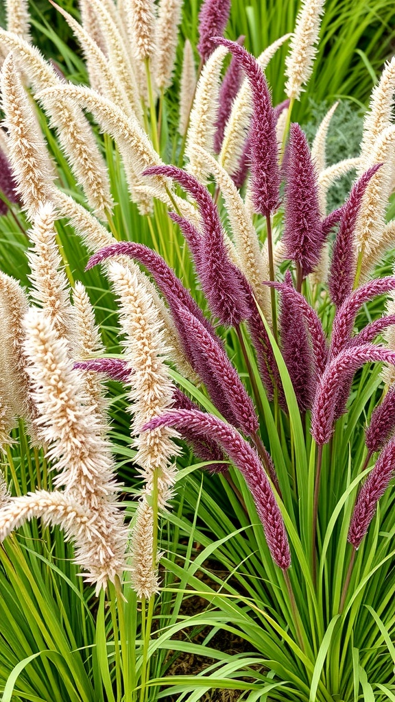 A close-up view of ornamental grasses with fluffy plumes in cream and purple colors.