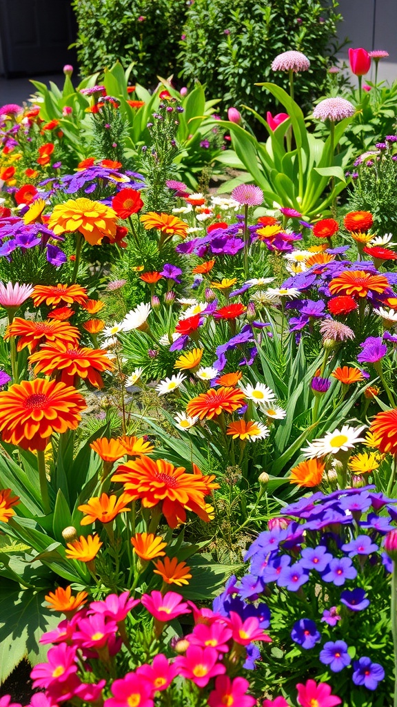 A vibrant flower bed filled with various colorful flowers including orange, pink, purple, and white blooms.