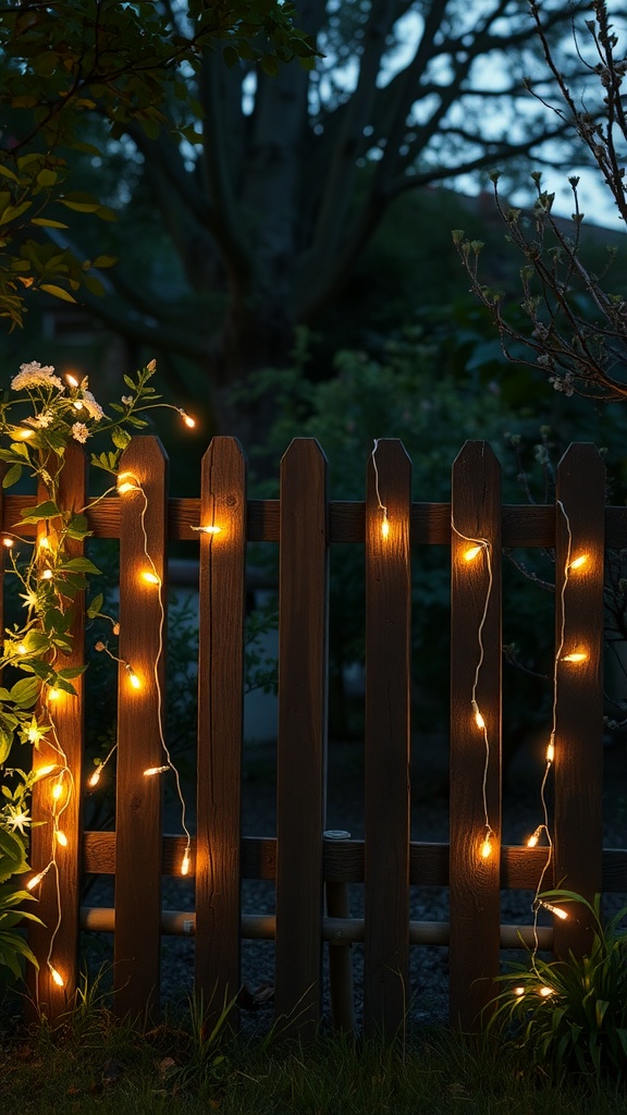 A rustic wooden fence adorned with warm fairy lights, surrounded by greenery in a garden at dusk.