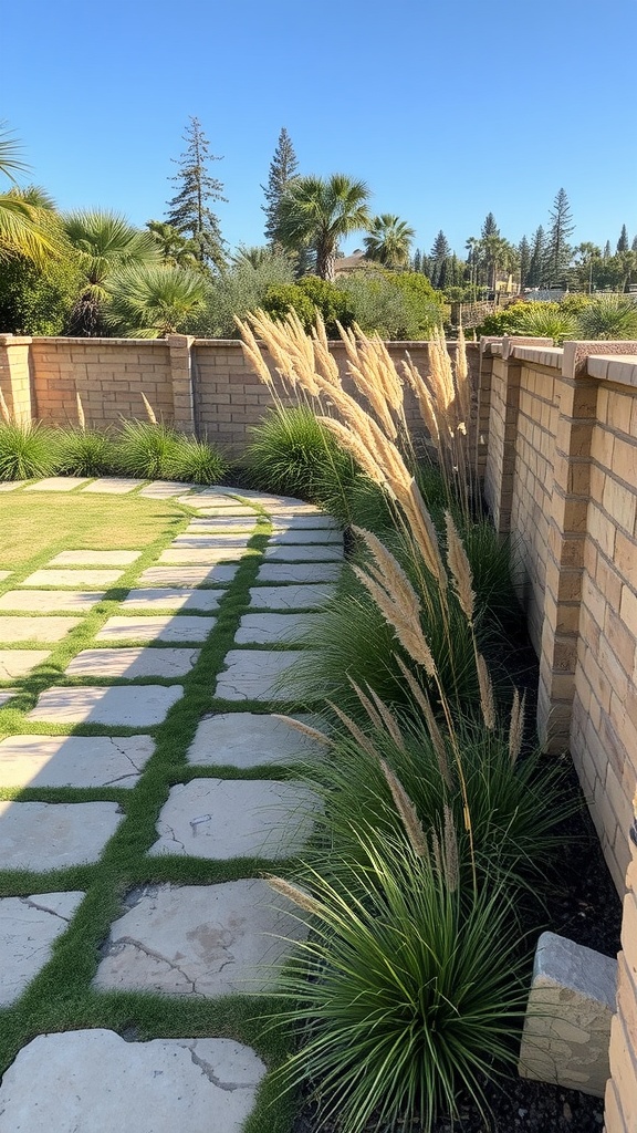 A landscape featuring ornamental grasses alongside a stone pathway and brick wall.