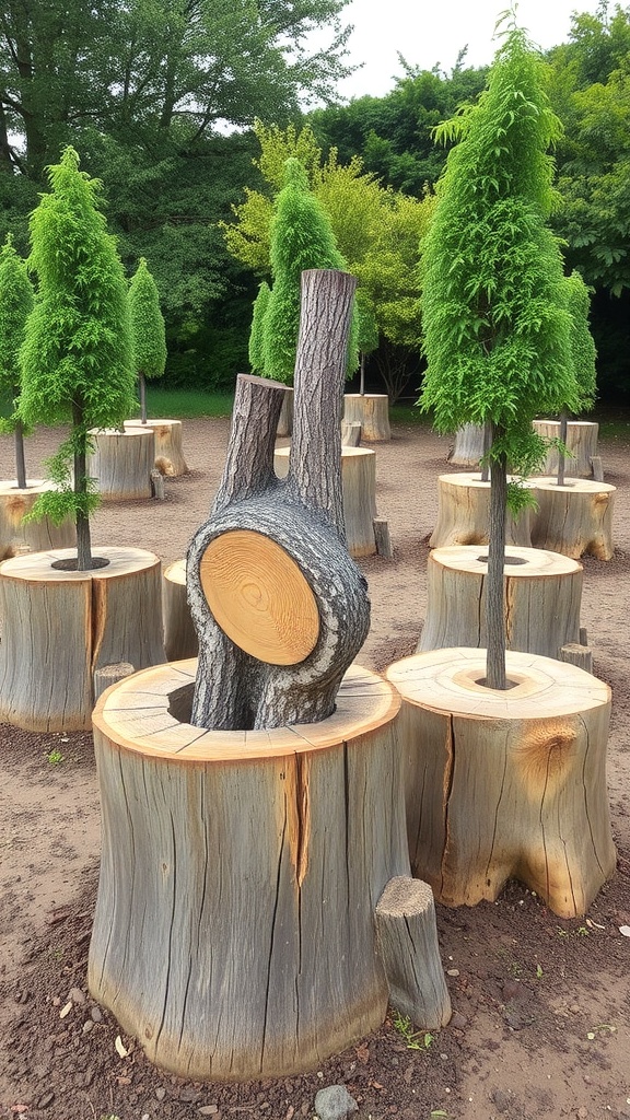 A garden feature with tree stump planters, each featuring a young tree growing from the center.