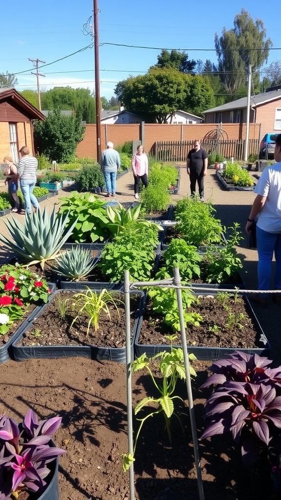 A community garden with various plants and people interacting in a sunny setting.