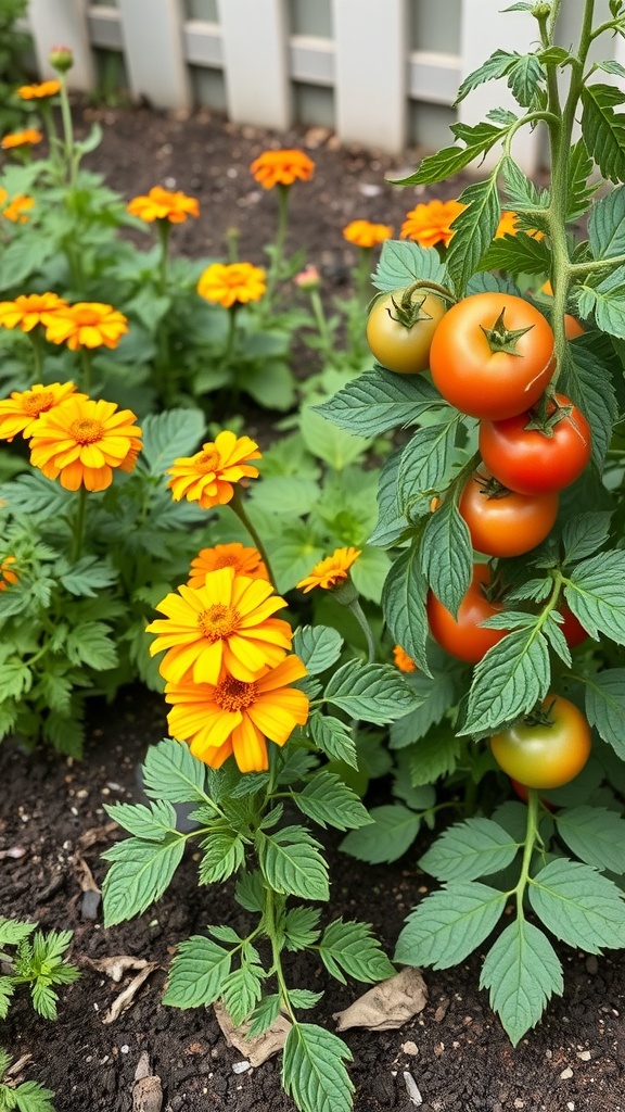 A backyard garden featuring marigolds and tomato plants