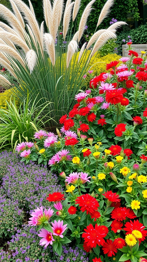 A vibrant garden featuring ornamental grasses and colorful flowering plants.