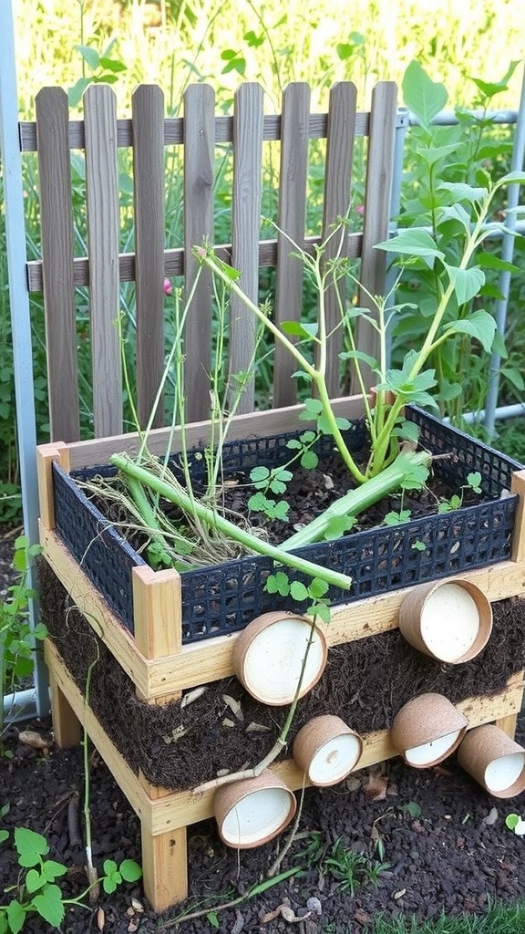 A wooden compost bin with a mesh top and pots attached, surrounded by greenery.