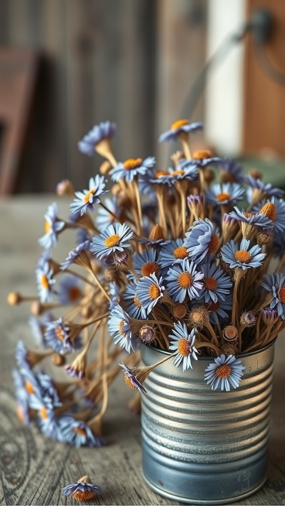 A bunch of dried cornflowers in a tin can on a wooden table.