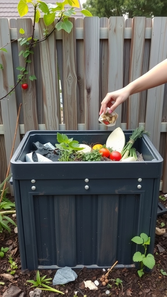 A compost bin filled with organic waste, including vegetables and herbs, with a hand adding more scraps.