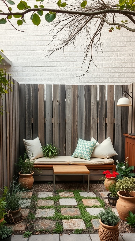 A cozy garden nook with a rustic fence, seating area, and potted plants.