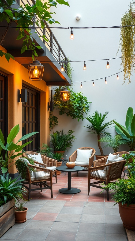 Cozy outdoor seating area with plants and warm lighting