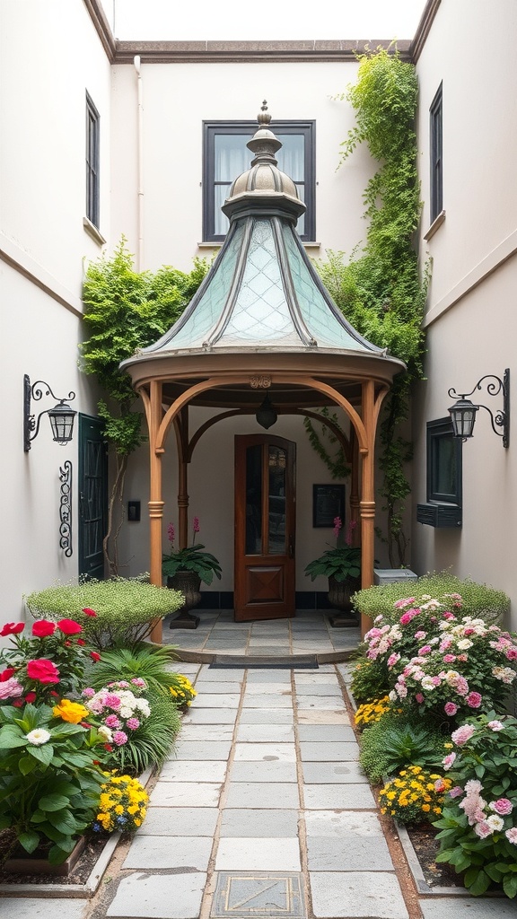 A small courtyard garden featuring a gazebo surrounded by colorful flowers and a stone pathway.