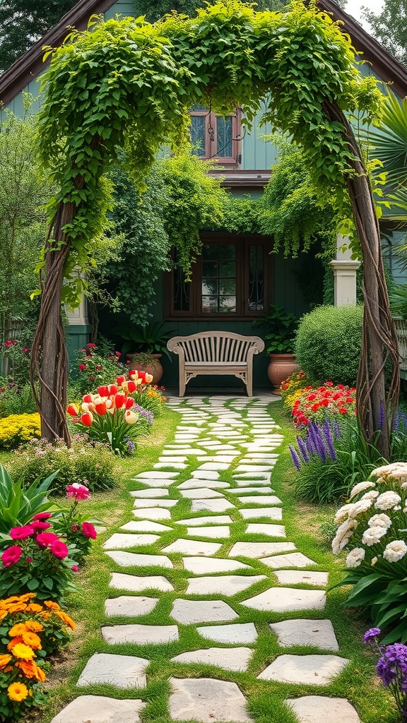 A garden pathway lined with colorful flowers and greenery, leading to a bench under a leafy arbor.