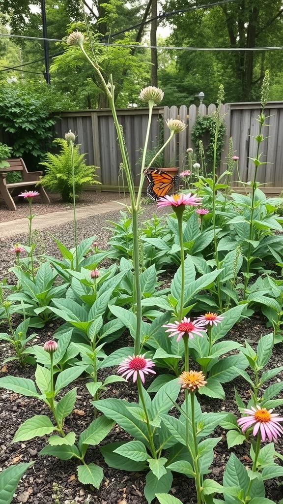 A garden with milkweed plants and a butterfly, showcasing a vibrant habitat.