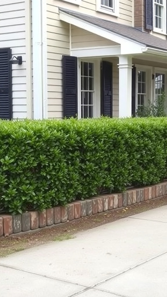 A neatly trimmed hedge bordering the side of a house, with a brick border and a clean sidewalk.
