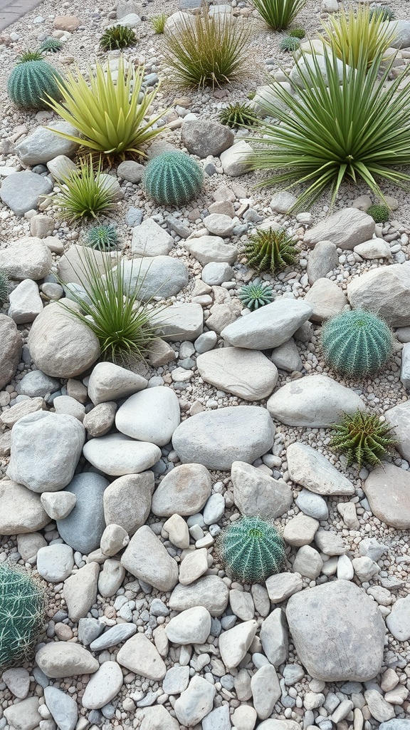 A rock garden featuring various plants and stones, showcasing a low-maintenance landscaping option.