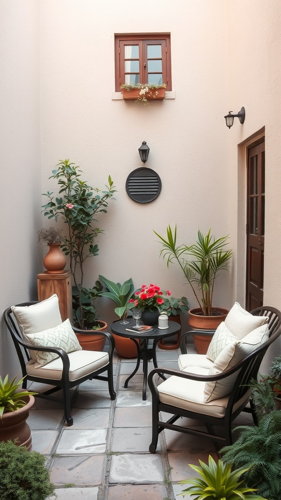 A cozy small courtyard garden with two chairs, a table, and various plants.