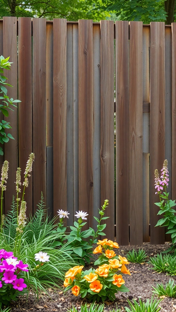 A rustic wooden fence with colorful flowers in front