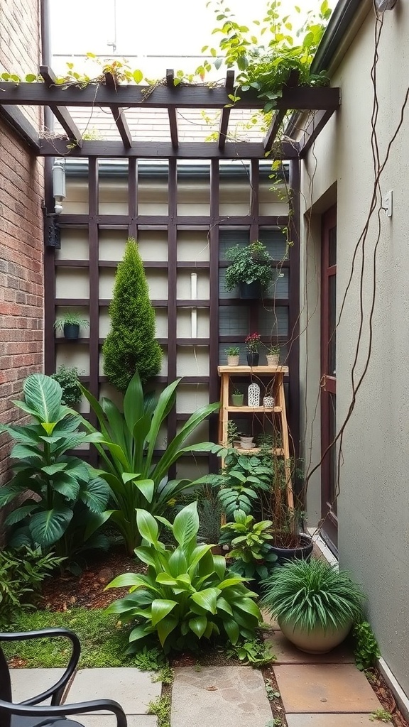 A small courtyard garden with various plants, a trellis, and a cozy seating area.