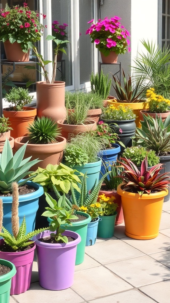 A vibrant collection of potted plants in various colors and sizes, showcasing creative container gardening.