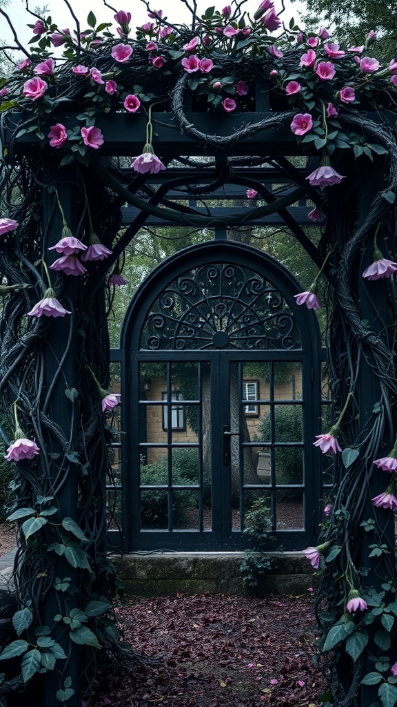 An archway covered with dark vines and pink flowers, creating a mystical garden entrance.