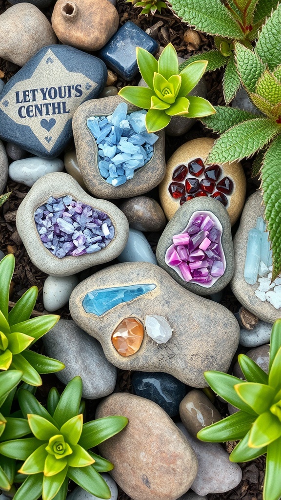 A variety of garden stones embedded with colorful crystals surrounded by green plants.