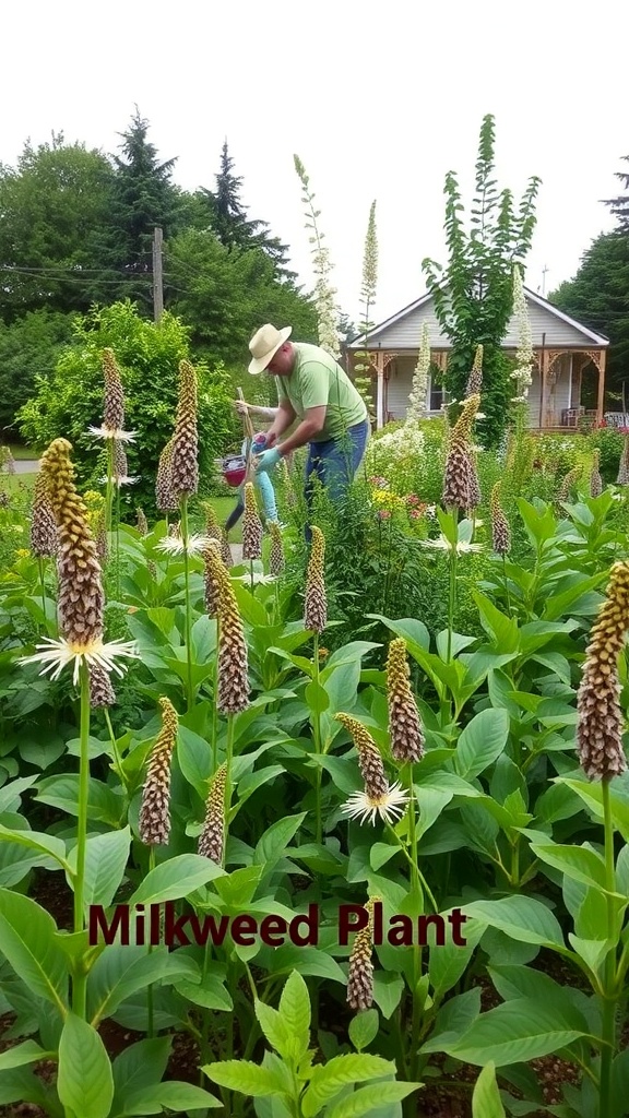 A gardener tending to a patch of milkweed plants with tall flower spikes in a garden.