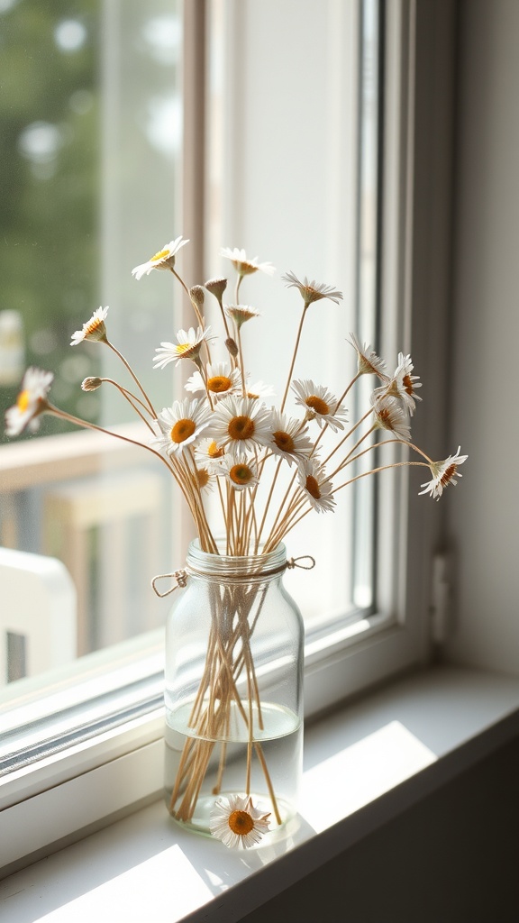 A jar of dried daisies sitting on a windowsill, illuminated by sunlight.