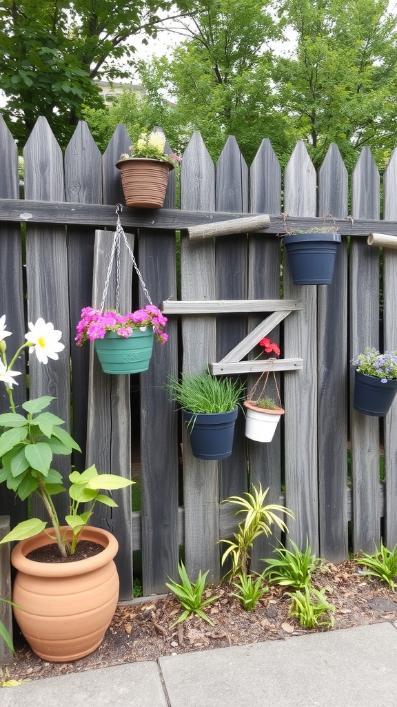 A rustic wooden fence with hanging pots and a terracotta planter, showcasing colorful flowers and greenery.